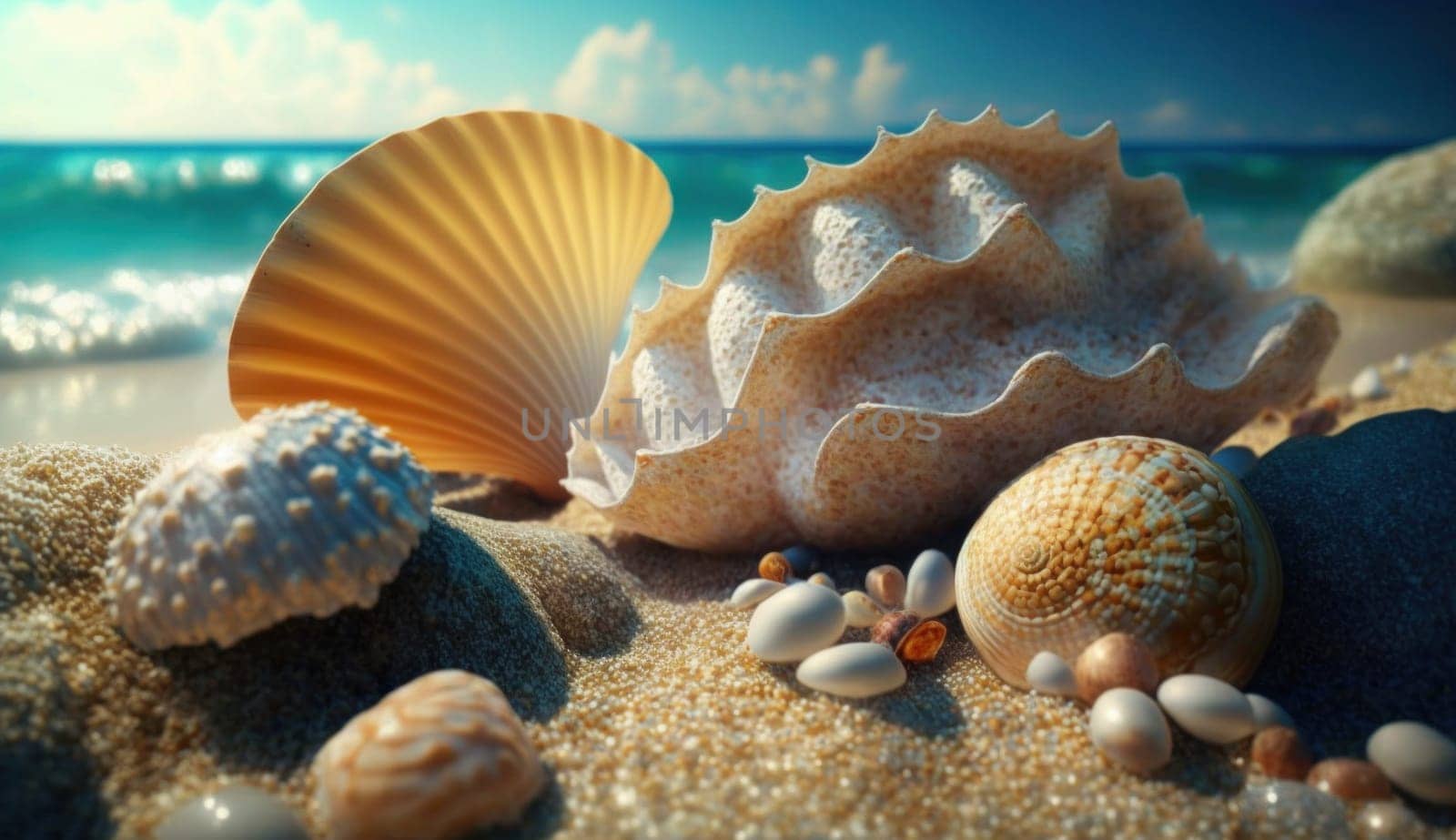 Shells on sandy beach. Generative AI by Veiksme