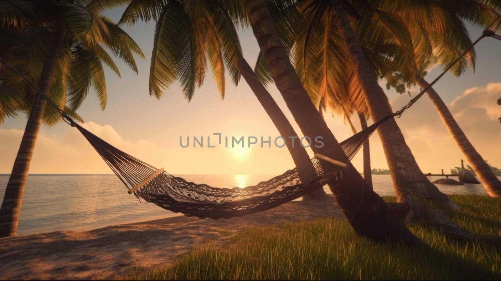A tropical beach at sunset with a hammock under a palm tree. Generative AI by Veiksme