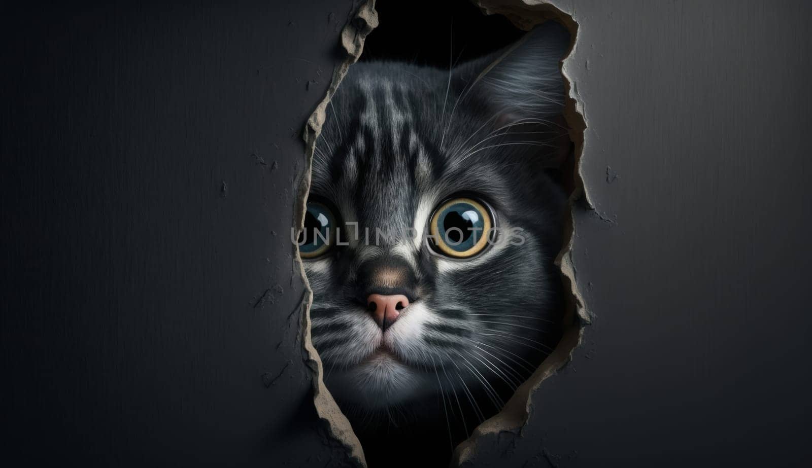 A Surprised Cat in an Wall Hole. Generative AI by Veiksme