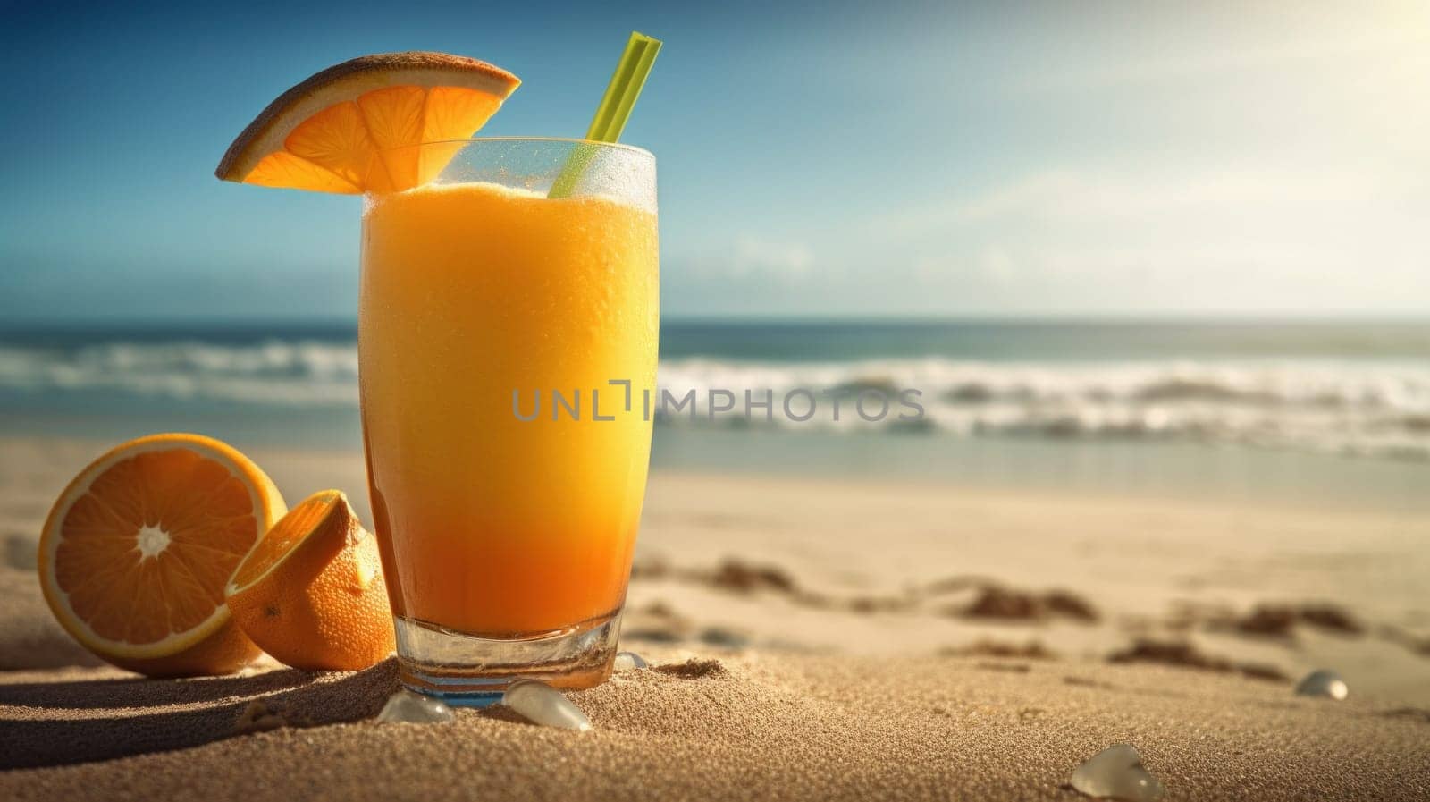 Fresh Juice Cocktail on a Tropical Beach in Summer. Generative ai