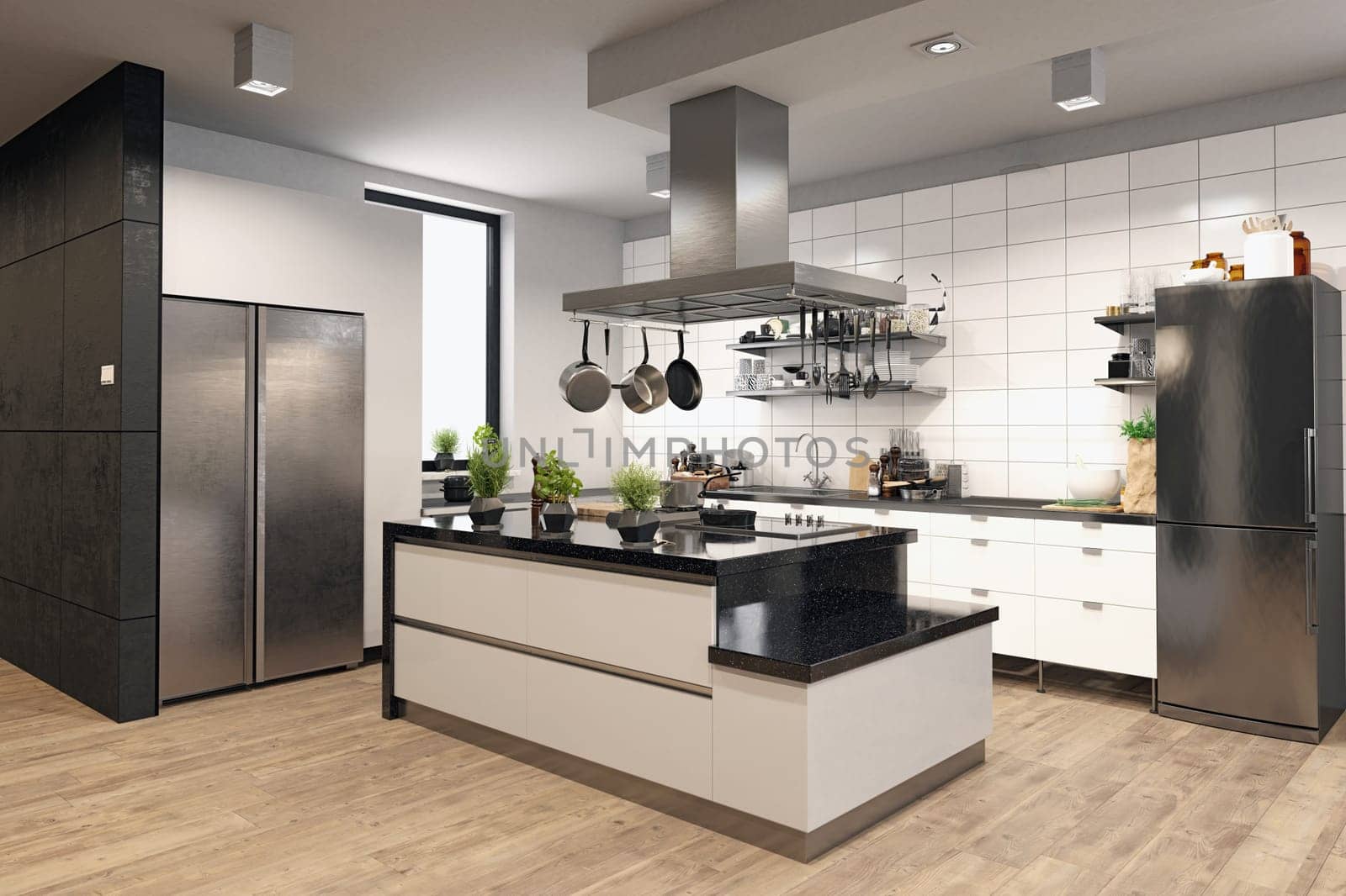3D illustration of a modern apartment kitchen interior.