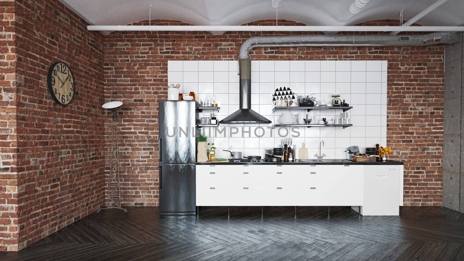 3D illustration of a modern apartment kitchen interior.