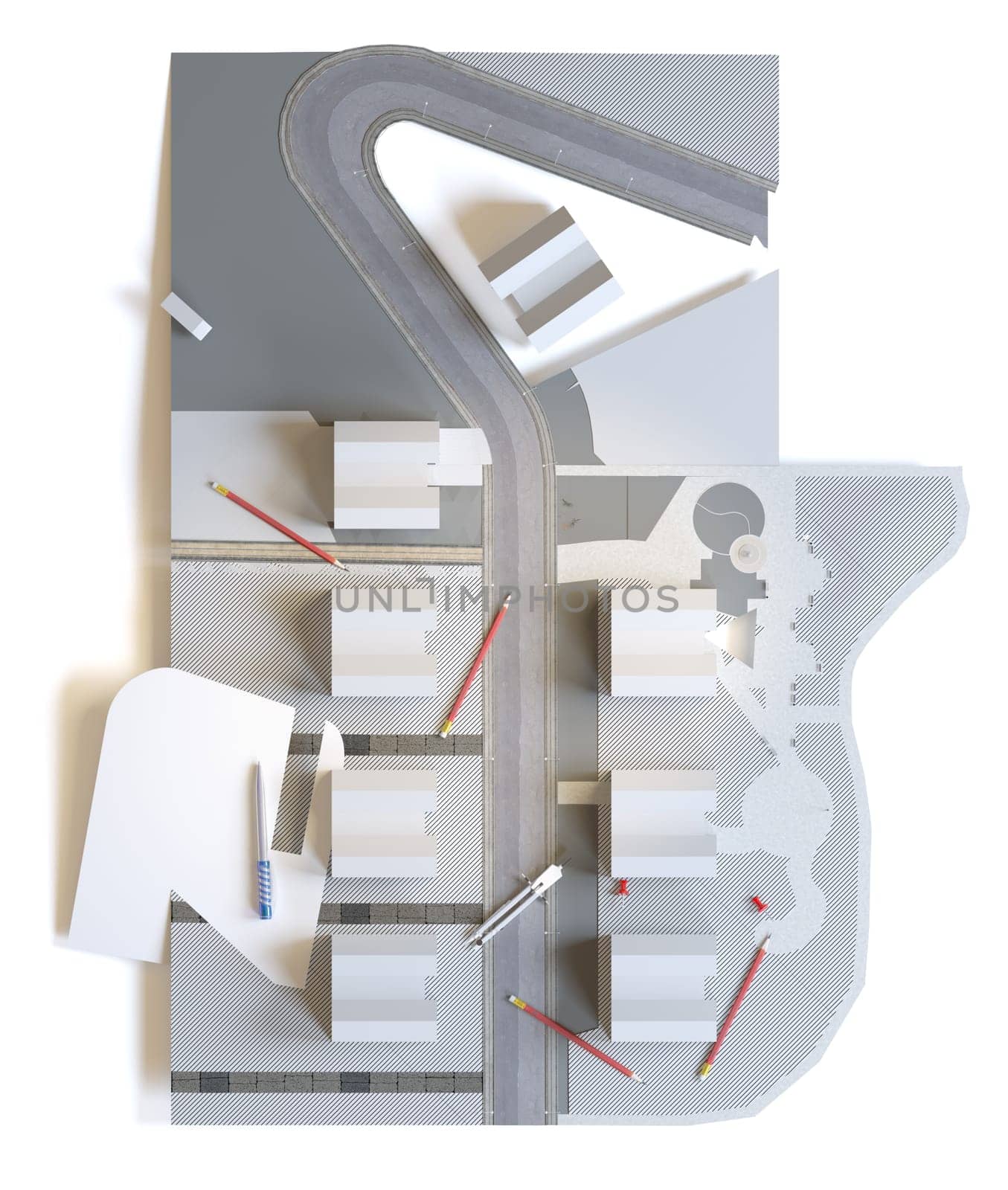 Precise paper model of a residential area with multiple houses. 3d rendering