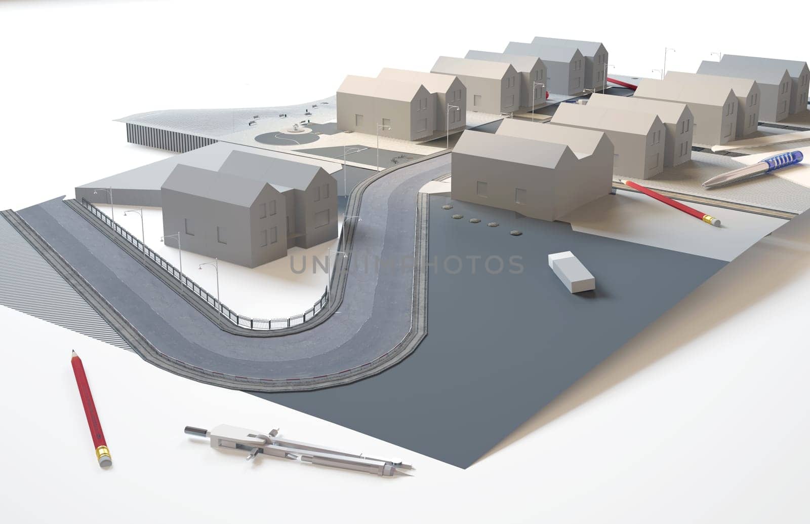 Precise paper model of a residential area with multiple houses. 3d rendering