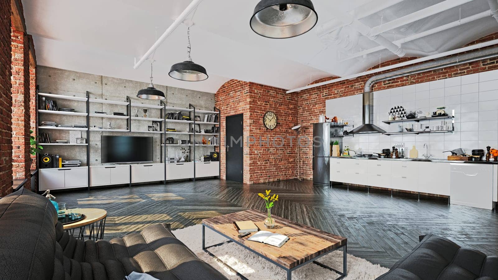 3D illustration of a modern apartment kitchen interior.