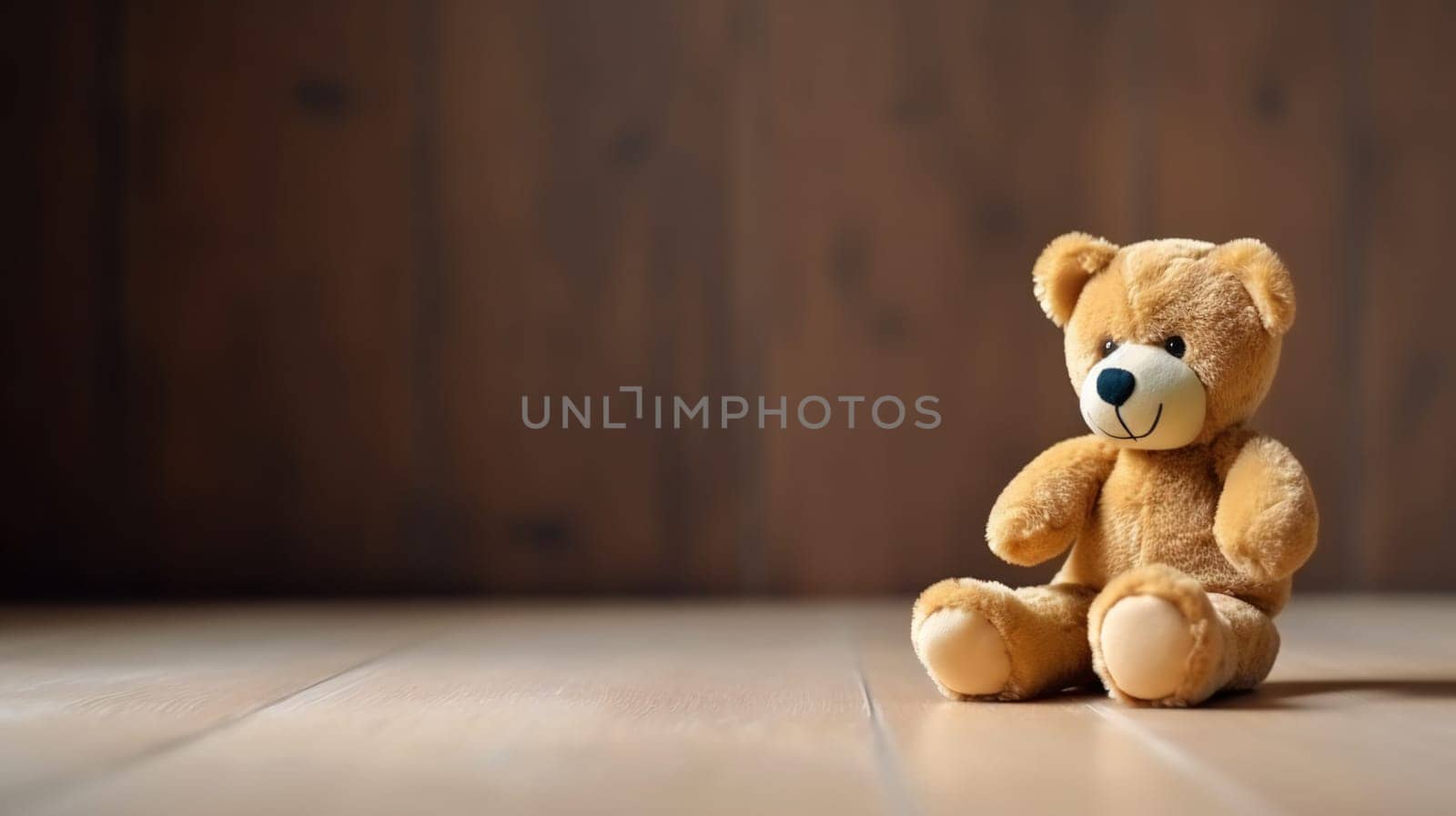 Teddy bear sitting in an empty room, wood wall background, Kid alone in the child room concept. banner. generative ai by juliet_summertime