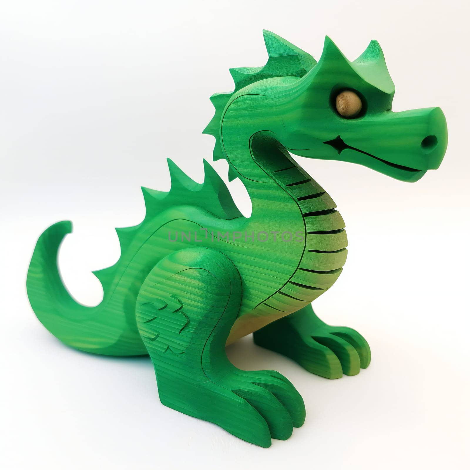 A closeup shot of a small wooden dragon toy on white backgroun isolated.