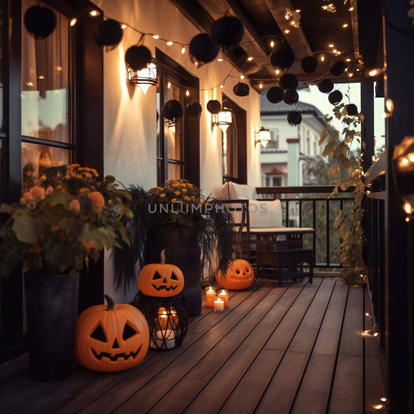 Beautiful autumn terrace decoration with pumpkins, lantern, plants and flowers. generative ai by juliet_summertime