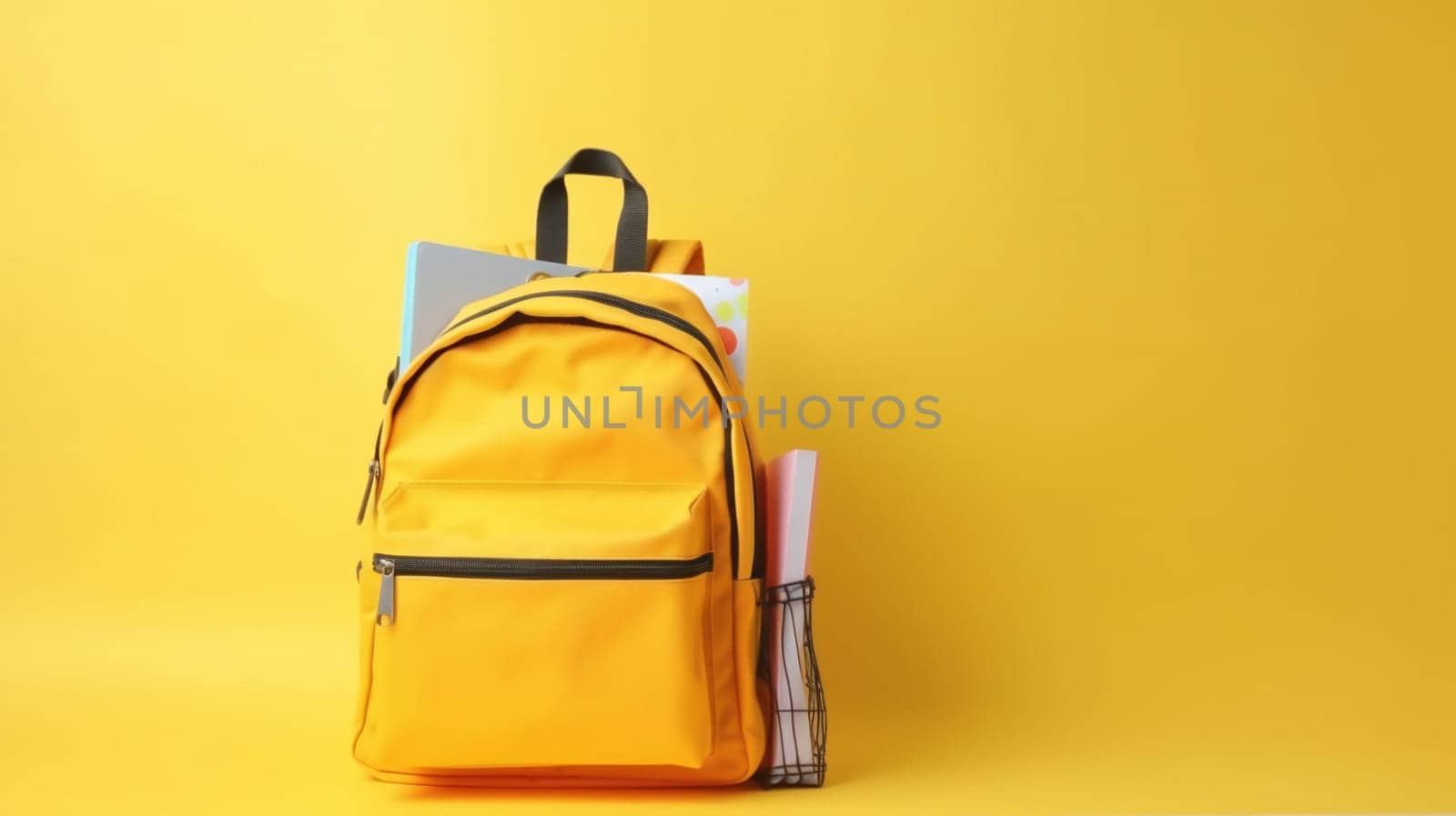 Yellow backpack with school supplies on yellow empty copy space background. Generative ai by juliet_summertime