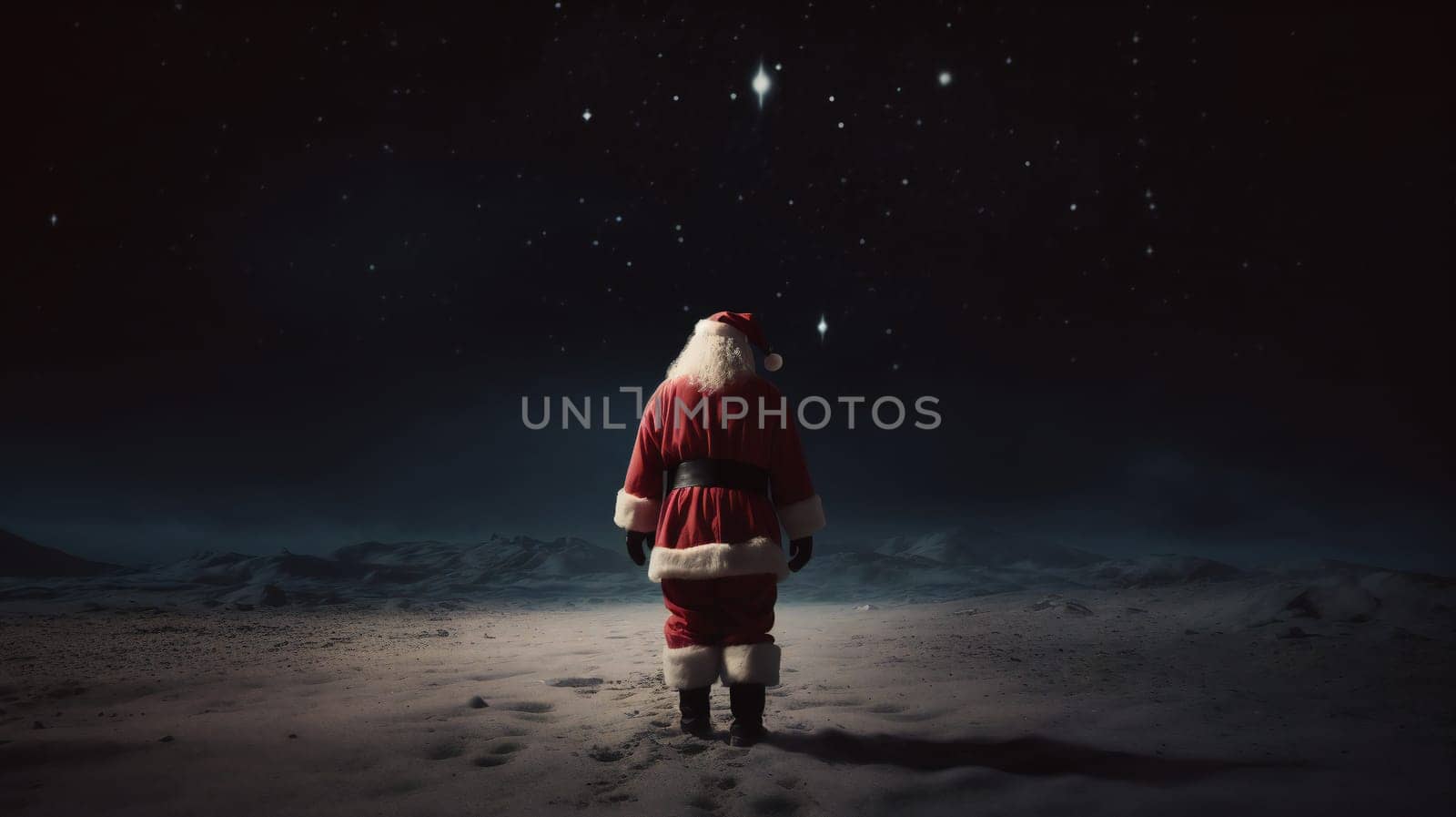 santa claus from the back standing alone and looking forward at night. banner. generative ai by juliet_summertime