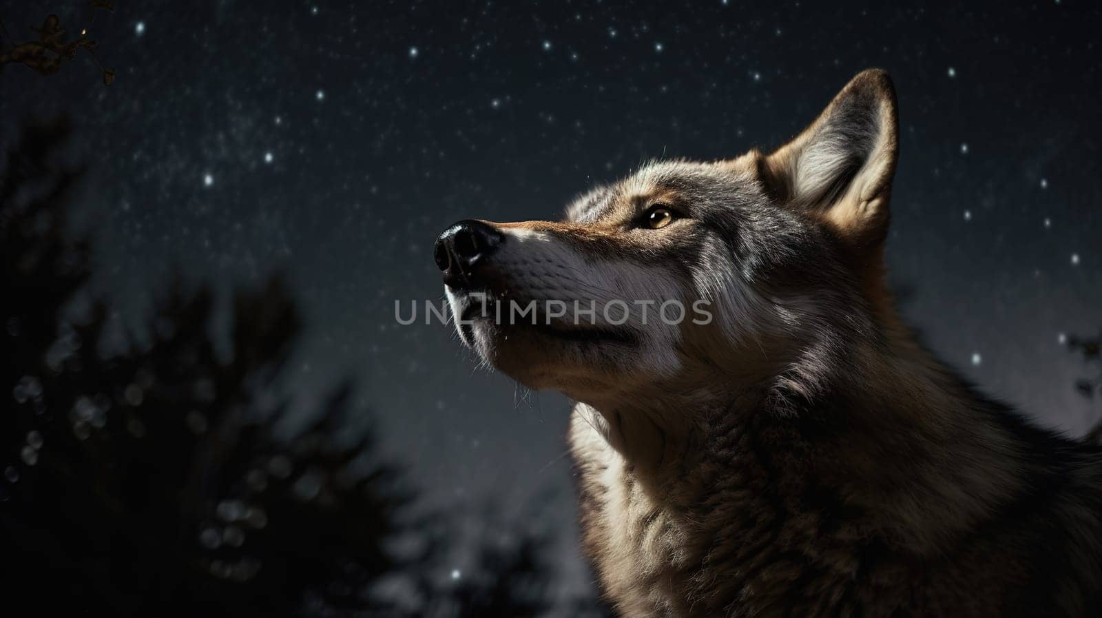 Majestic Wolf Gazing at the Moonlit Sky. Generative AI by Veiksme