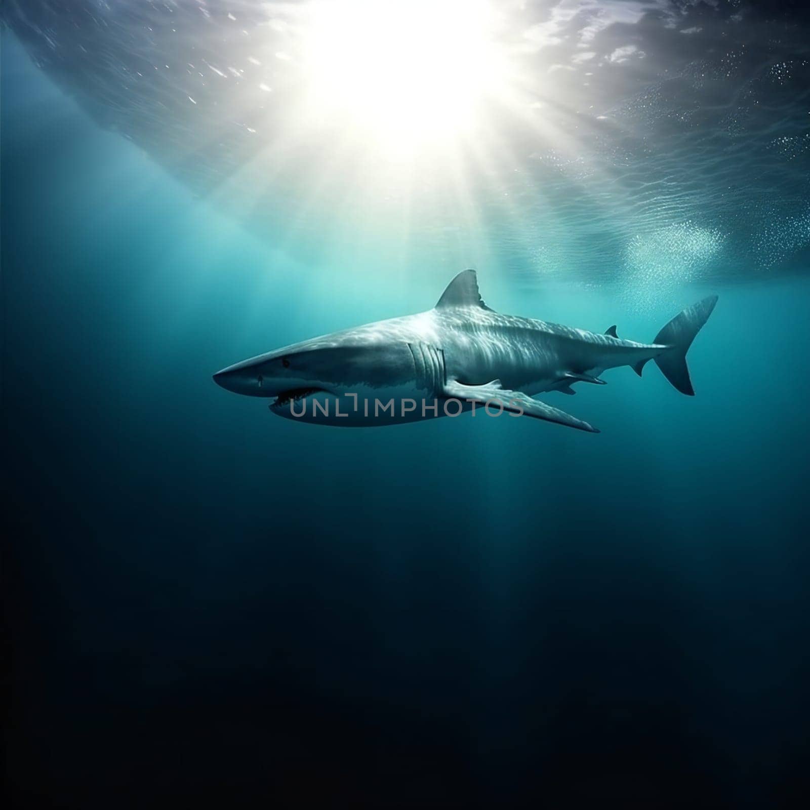 selective image of shark swimming underwater in the deep blue of the ocean or sea