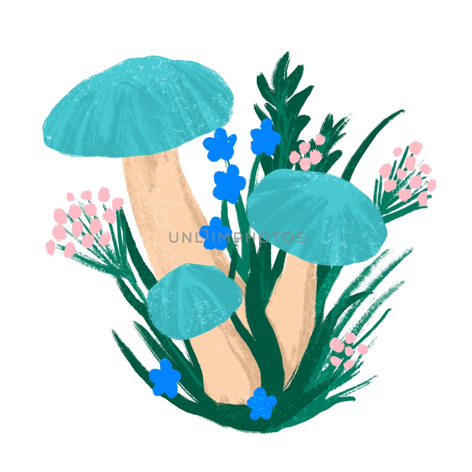 Hand drawn illustration of summer mushroom with grass herbs blue turquoise flowers. Fall autumn nature wood woodland forest, cute drawing fungus fungi wild poisonous edible shrooms. by Lagmar