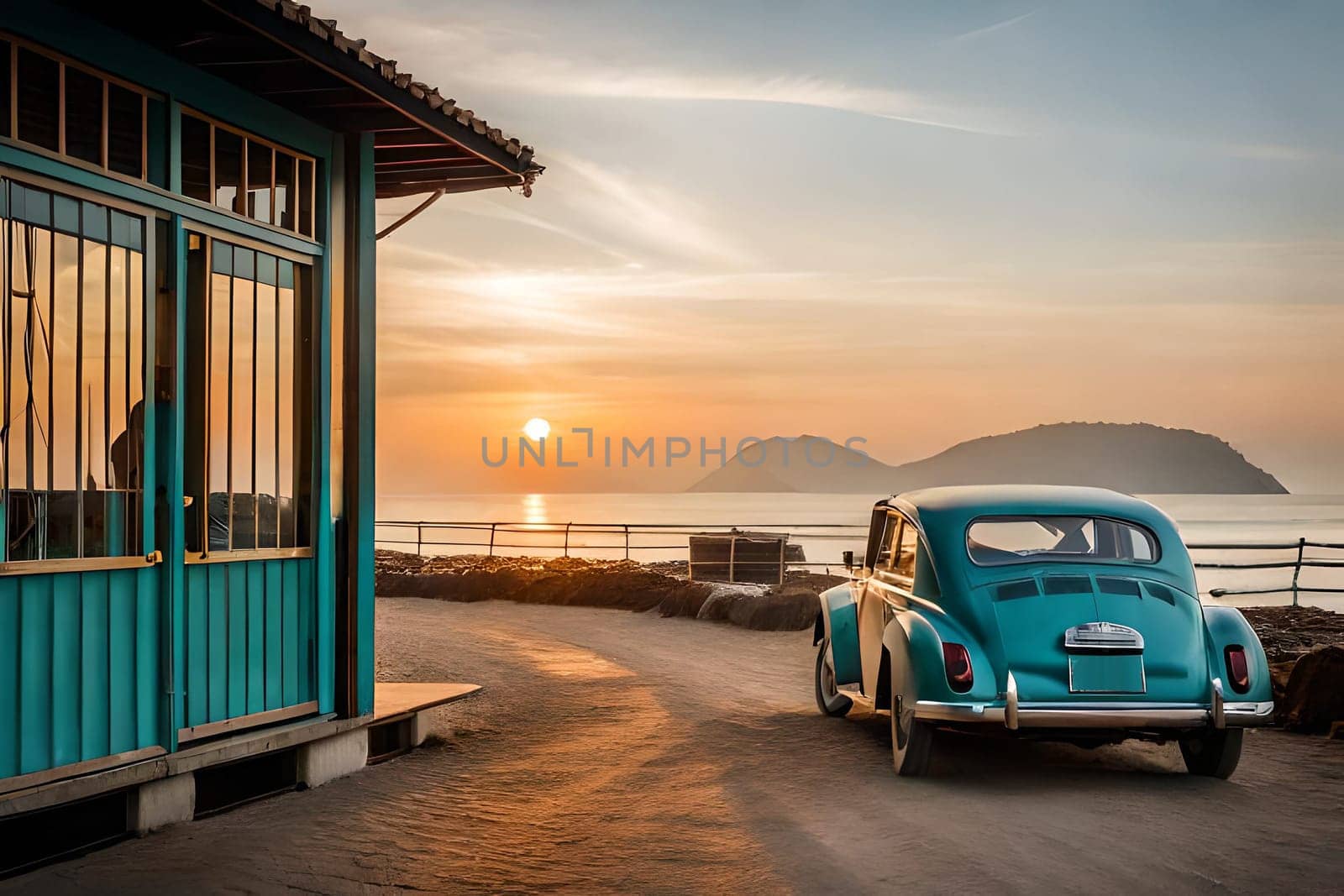 A blue car parked on a beach with a beach house in the background. A vintage car on a country road with a sunset in the background AI-generated Digital Art