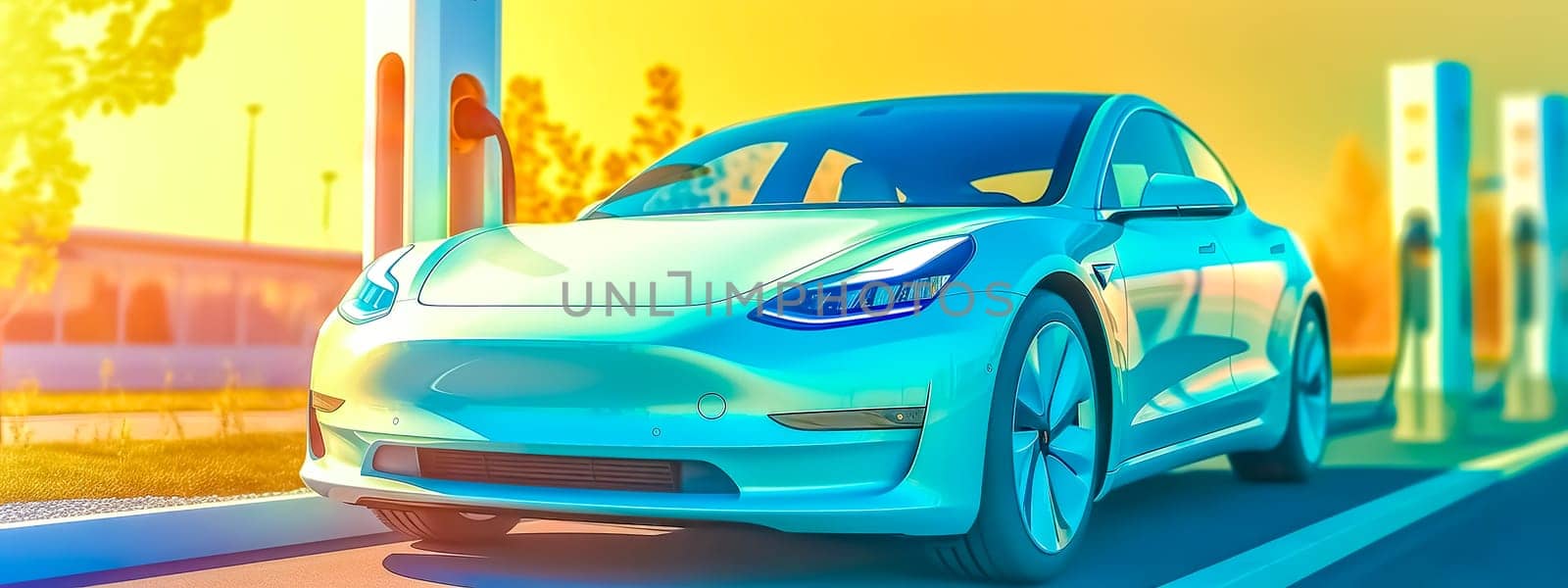 modern electric car charging, green energy, banner, made with Generative AI by Edophoto