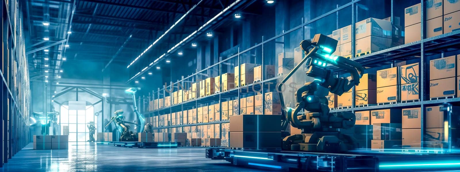 logistic warehouse serviced by robots, made with Generative AI. High quality illustration