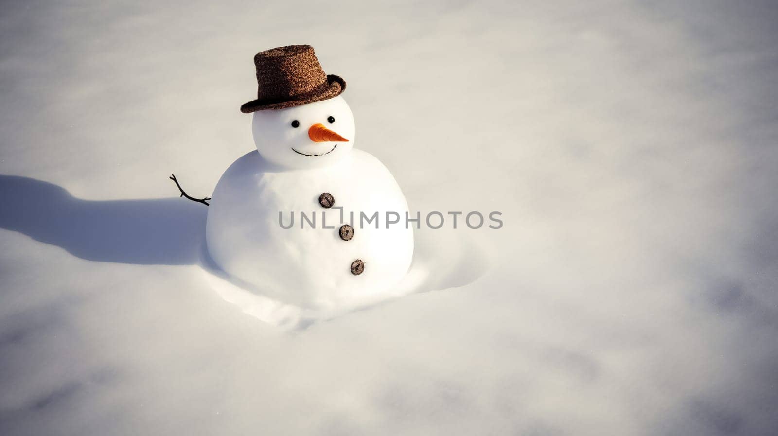 Cute small decorative snowman outdoors on sunny day, space for text. banner
