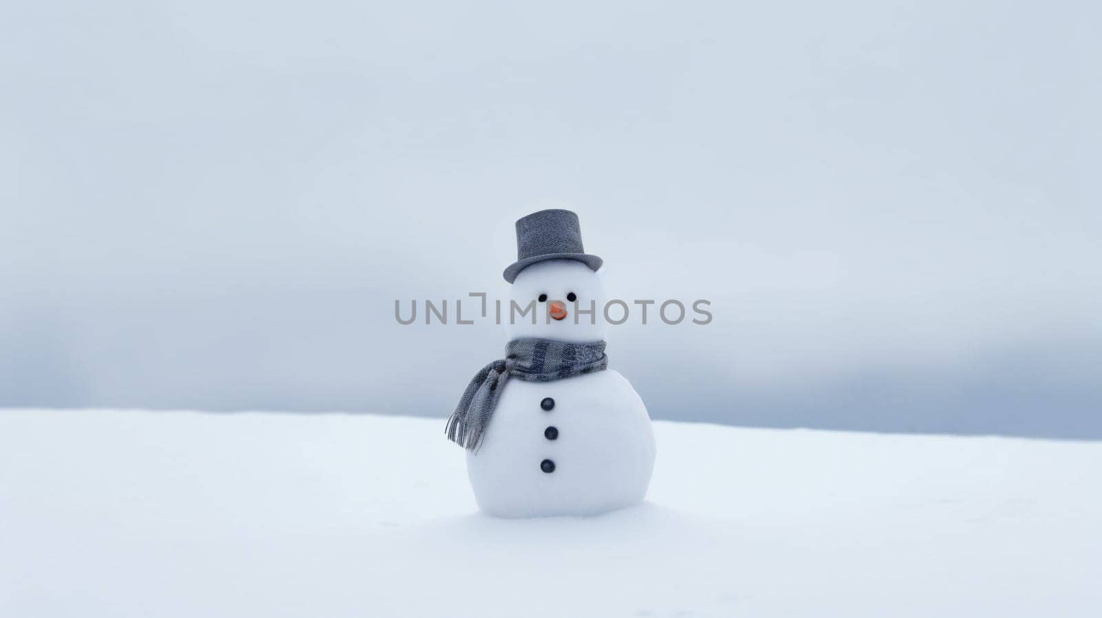 Cute small decorative snowman outdoors on sunny day, space for text. banner