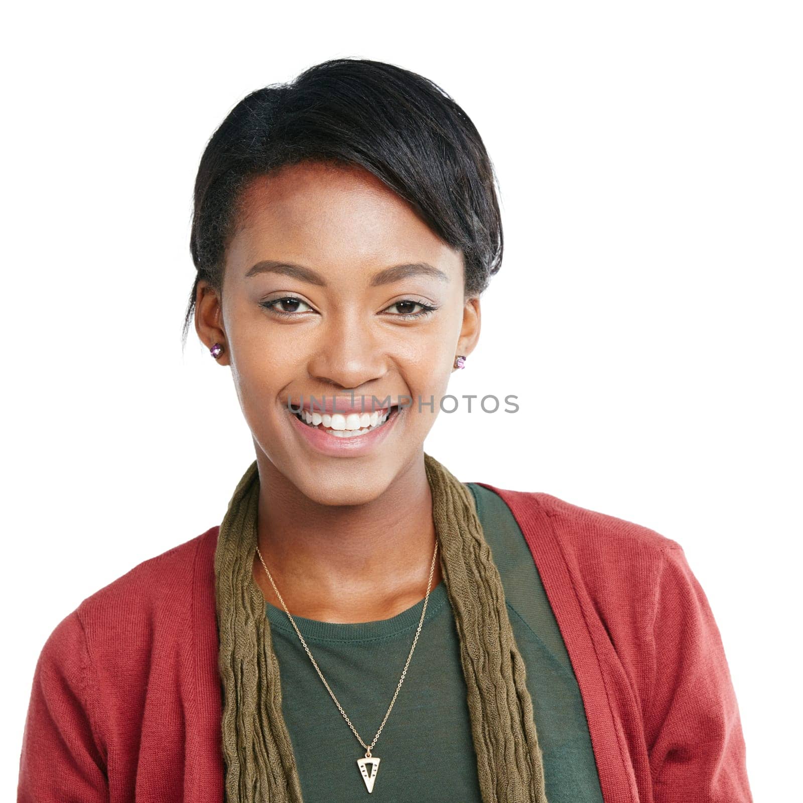 Happy black woman, portrait of fashion clothes on promotion mockup, isolated marketing space or advertising mock up. Smile, model and face with makeup cosmetics, hair style or white background mockup.