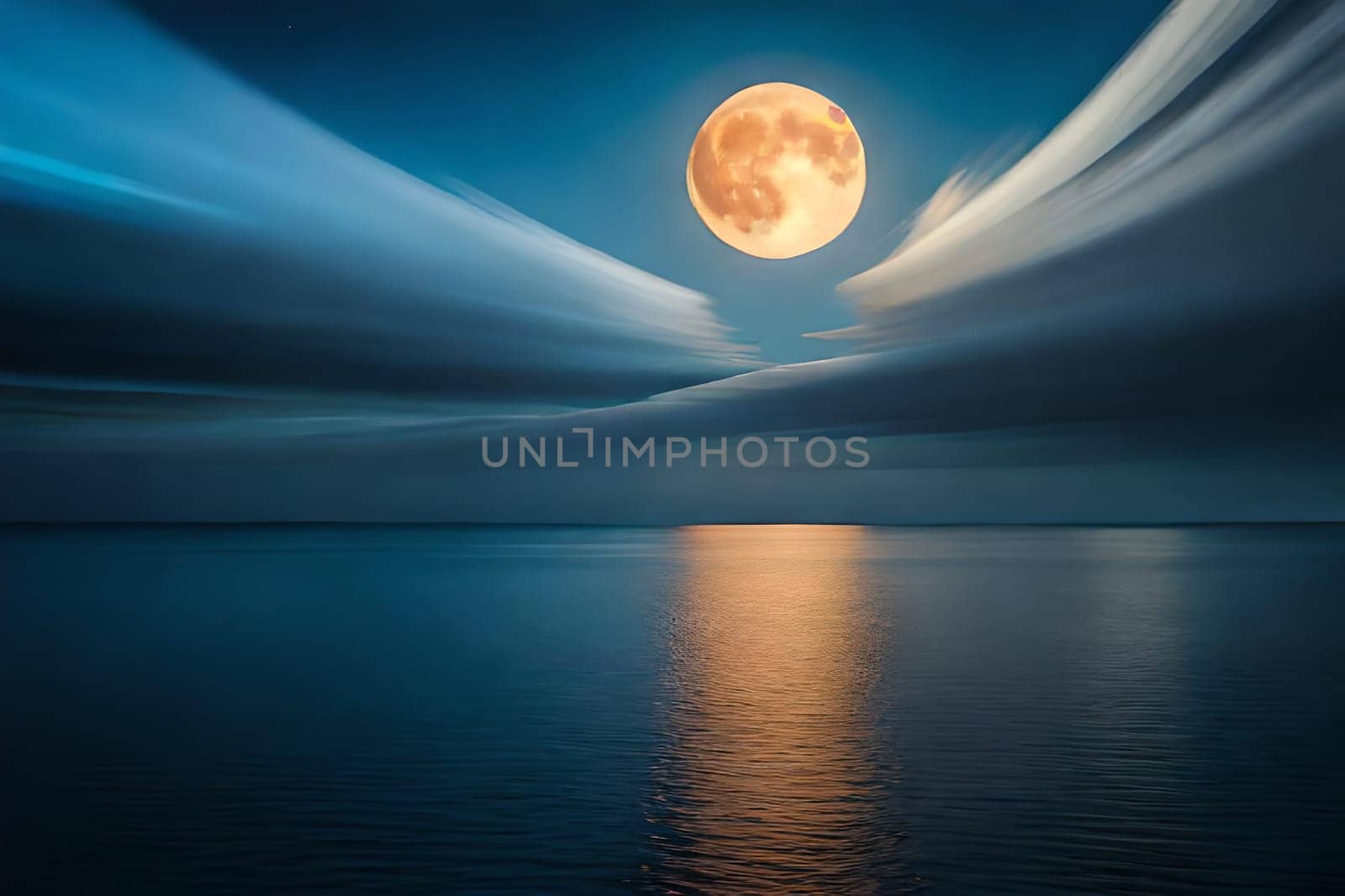 Moonlight in ocean landscape. The ocean stretches out as far as the eye can see, its surface a canvas of deep, midnight blue. AI generated image