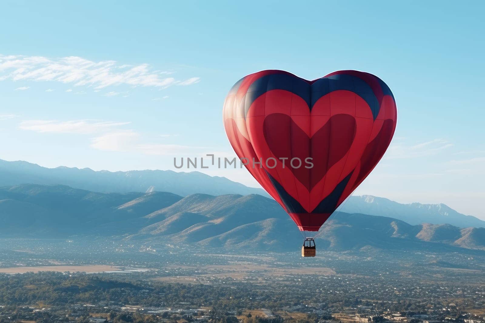 heart shaped Hot Air Balloon with unrecognizable people in Flight, AI Generated