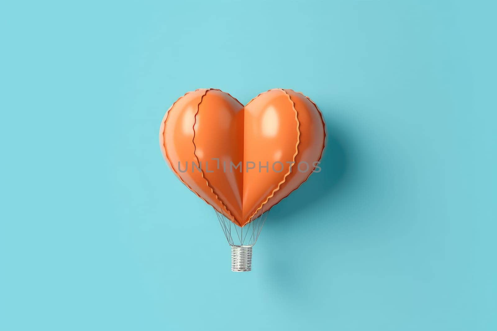 Orange heart shaped model of Hot Air Balloon with basket on blue background, AI Generated