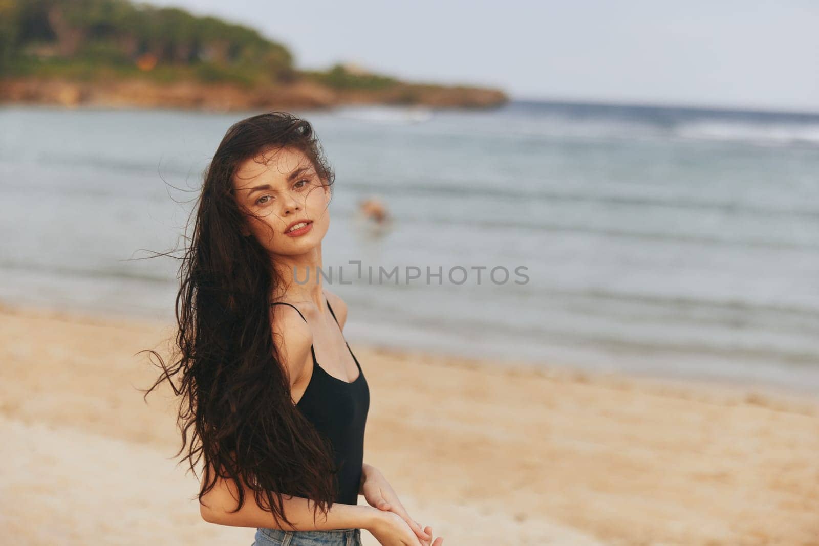woman running travel tropical happiness shore sea summer happy beach vacation walk smile lifestyle sky ocean sunset girl female sand sunlight
