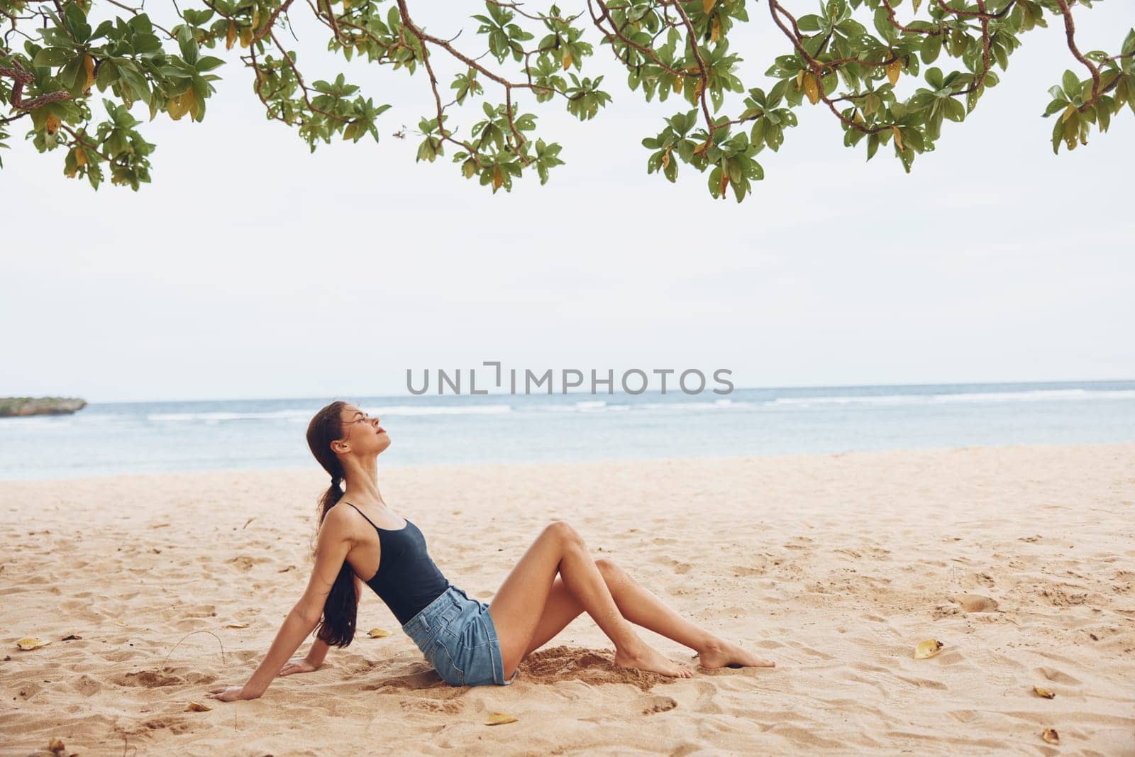 woman sitting adult sea smile sand freedom vacation nature beach travel by SHOTPRIME