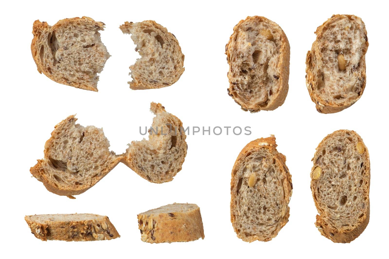 A set of whole grain rye baguette slices. Slices hang or fall on a white isolated background. Breakfast sandwich mockup, to insert into your design or project. by SERSOL