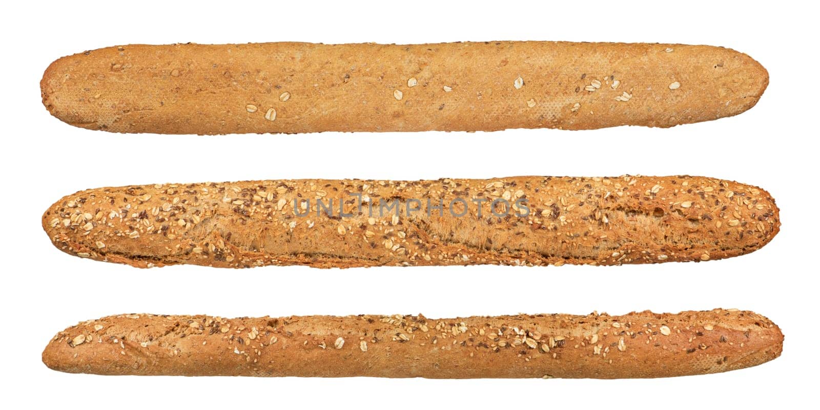 Whole grain rye French baguette, long bread, isolate. Set of rye baguettes from different sides on a white isolated background. Top, side, bottom view