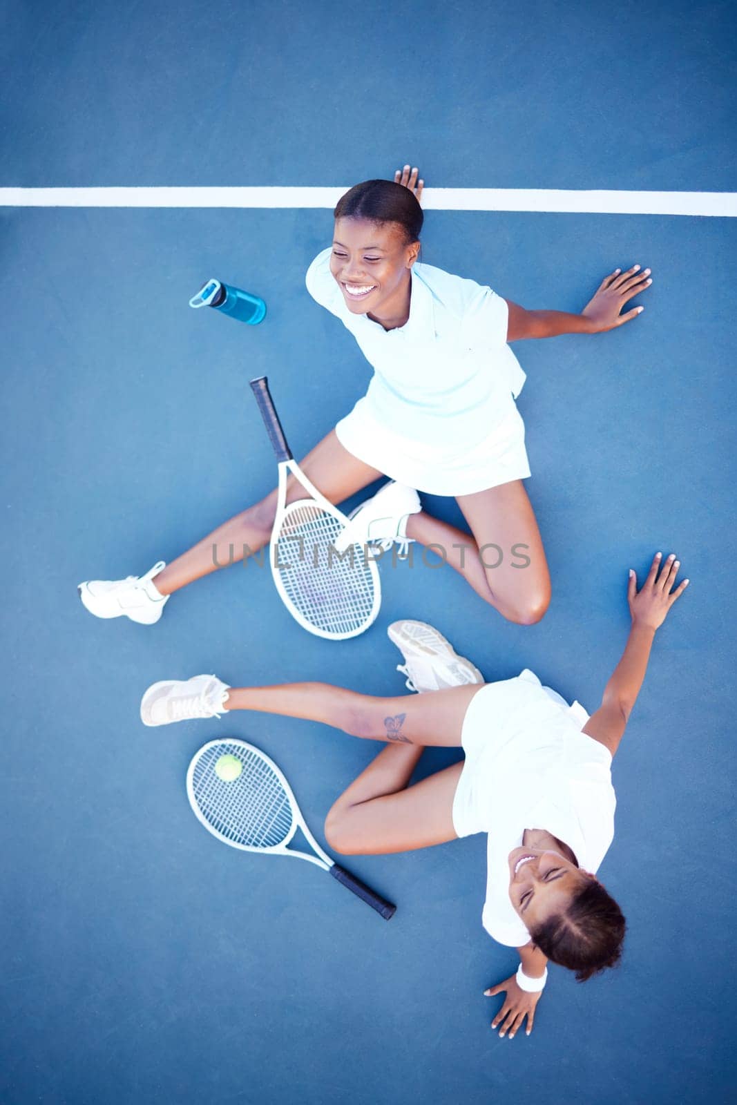 Top view, tennis and women relax, motivation and training for competition, workout and wellness. Female players, athletes and friends with inspiration, resting and healthy lifestyle with happiness.