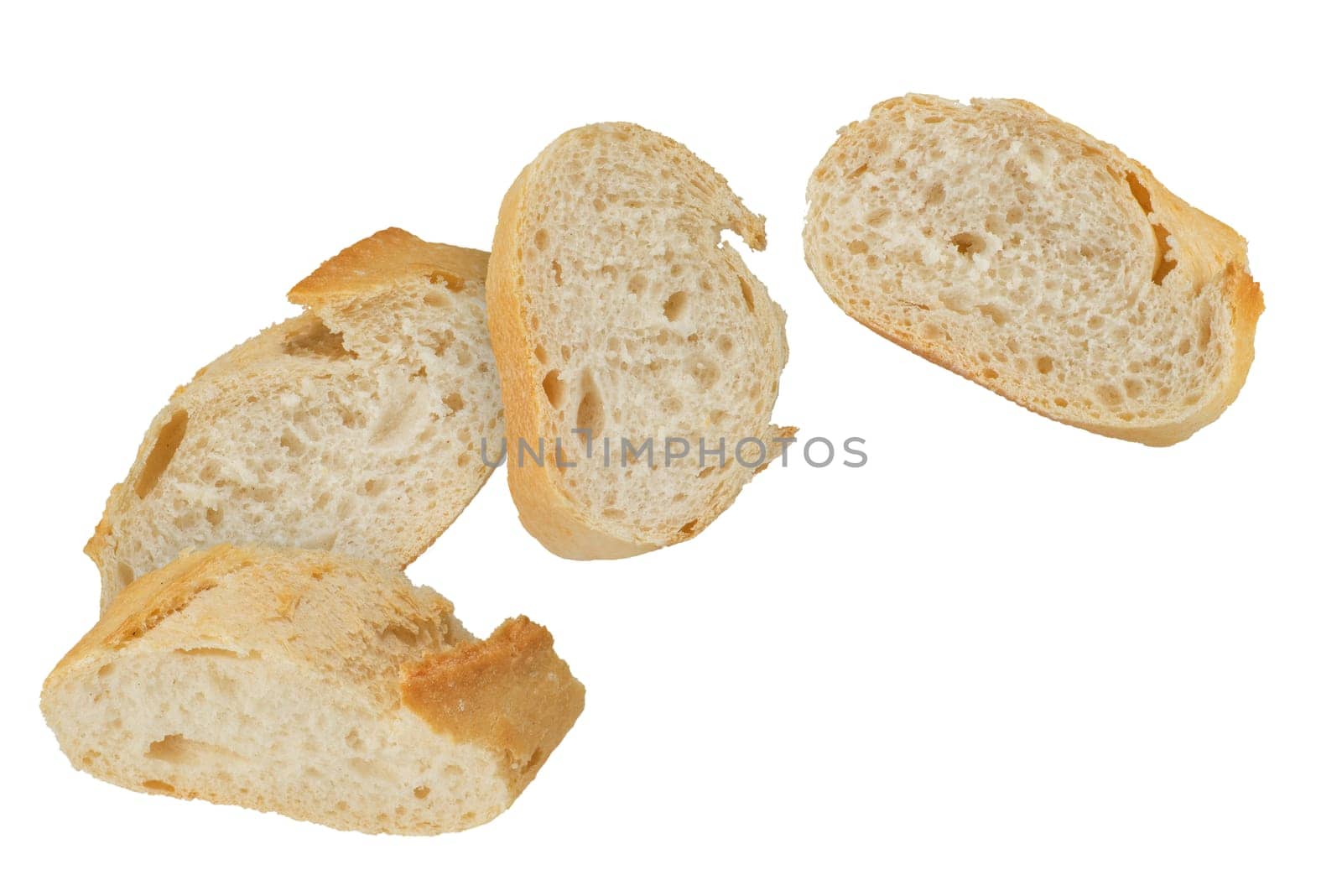 Slices of white long bread isolated on white background. Crispy French baguette slices, Sandwich concept to insert into a design or project