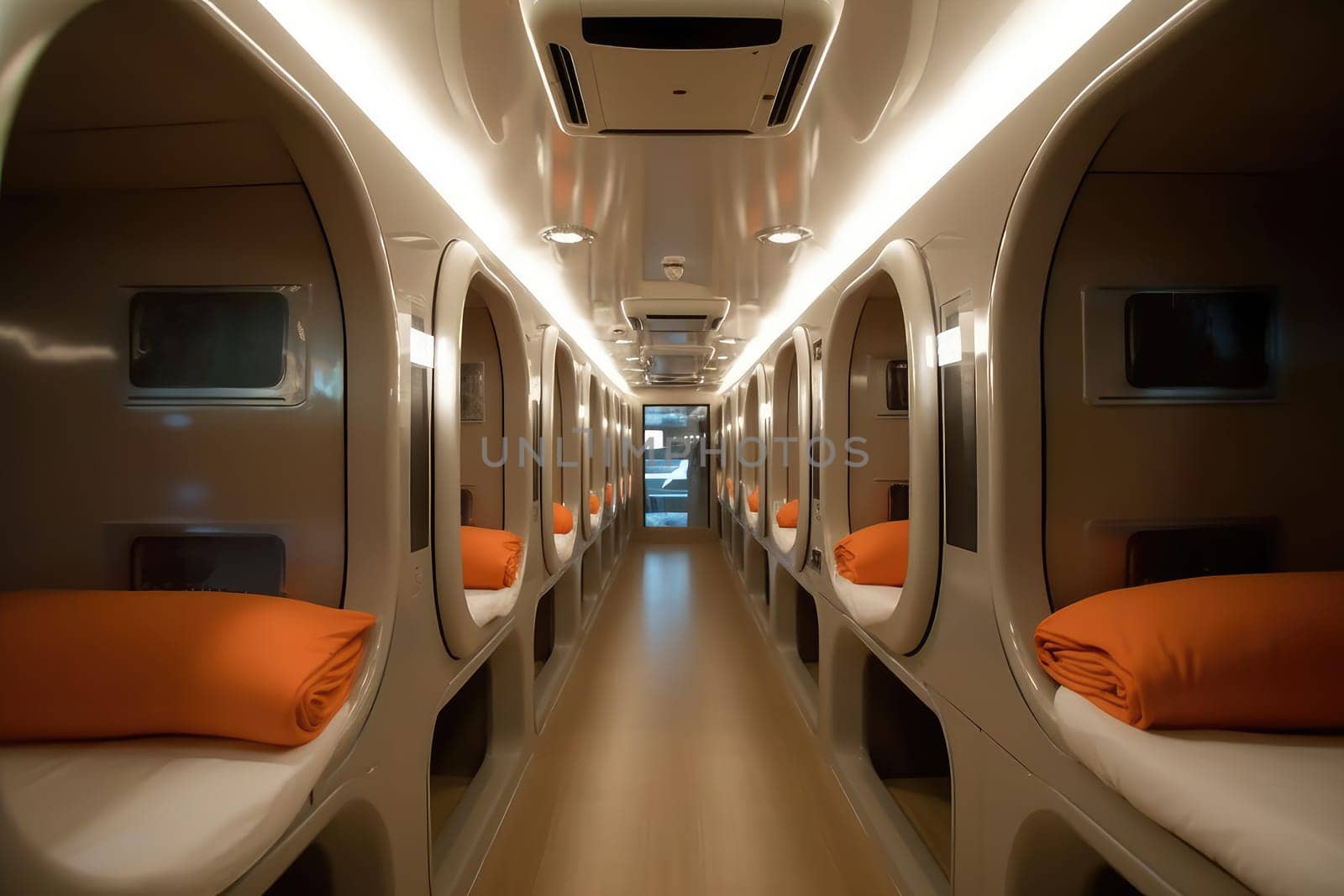 futuristic capsule hotel with orange interior. AI Generated