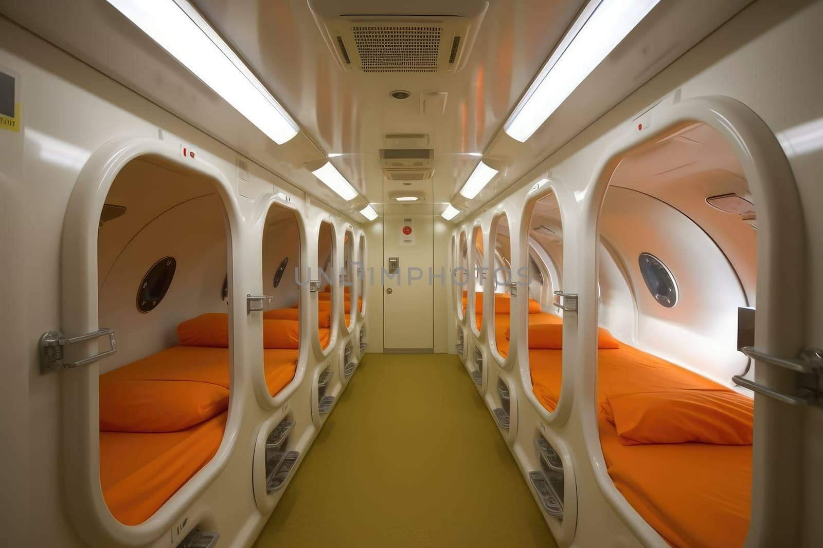 futuristic capsule hotel with orange interior. AI Generated