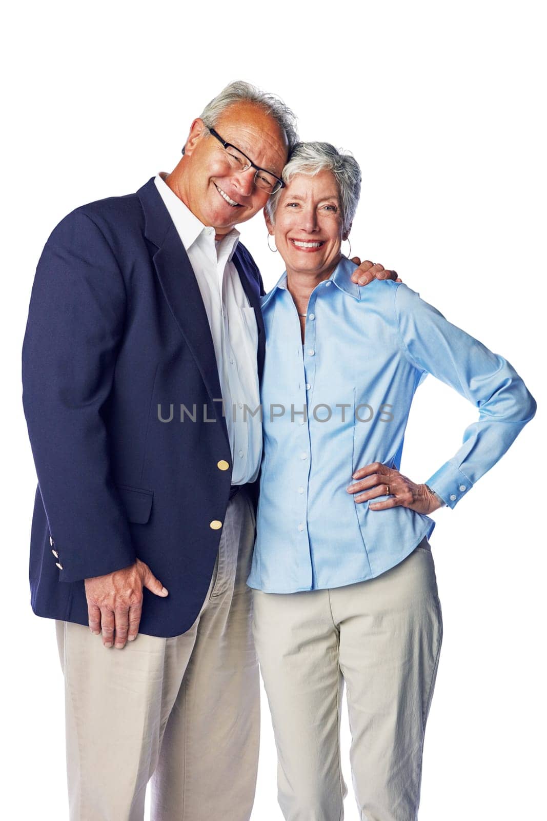 Love, smile and portrait of senior couple hugging in studio, isolated on white background. Retirement, happy and healthy relationship, romance for elderly man with woman together in formal clothes. by YuriArcurs