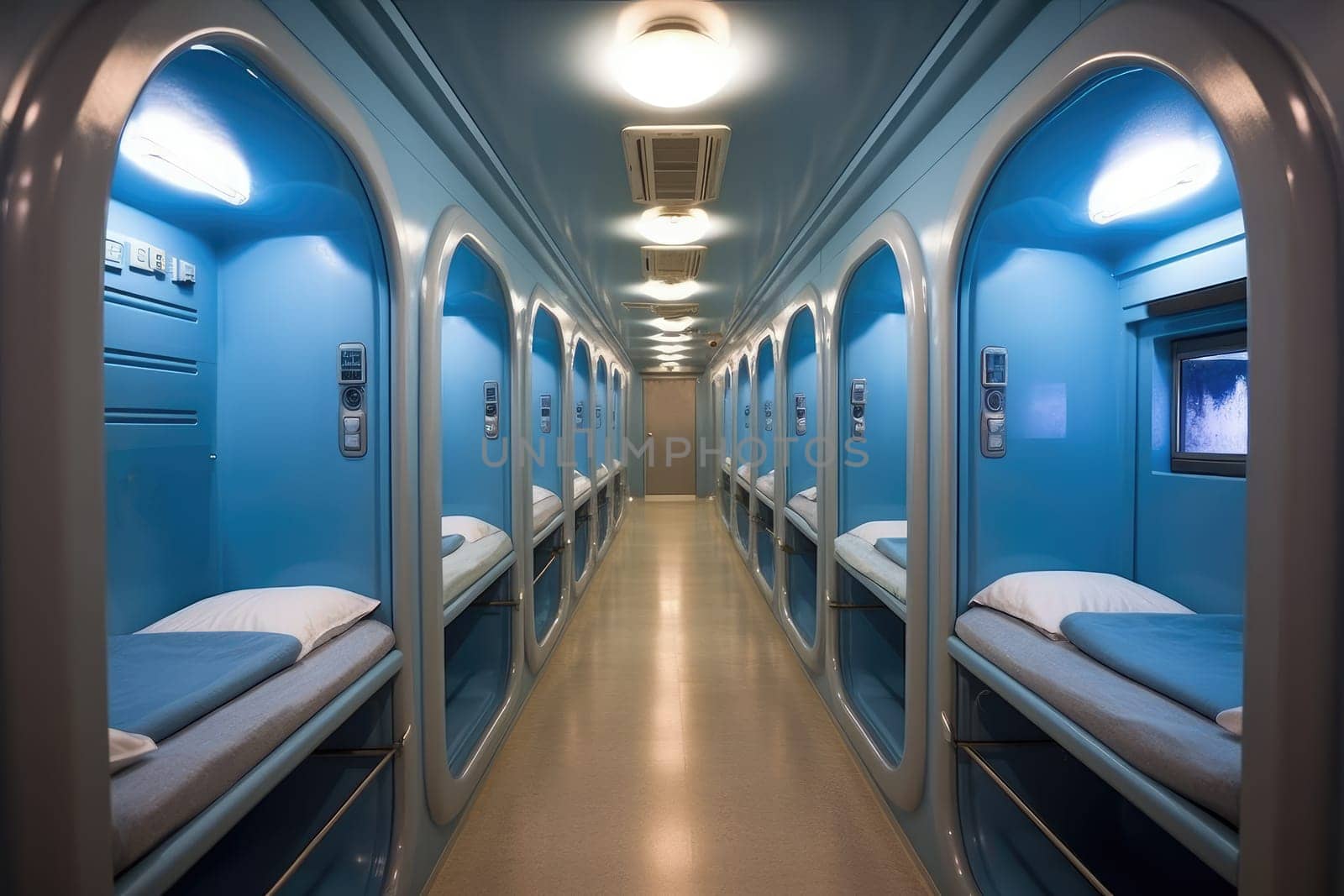 futuristic capsule hotel with blue interior. AI Generated