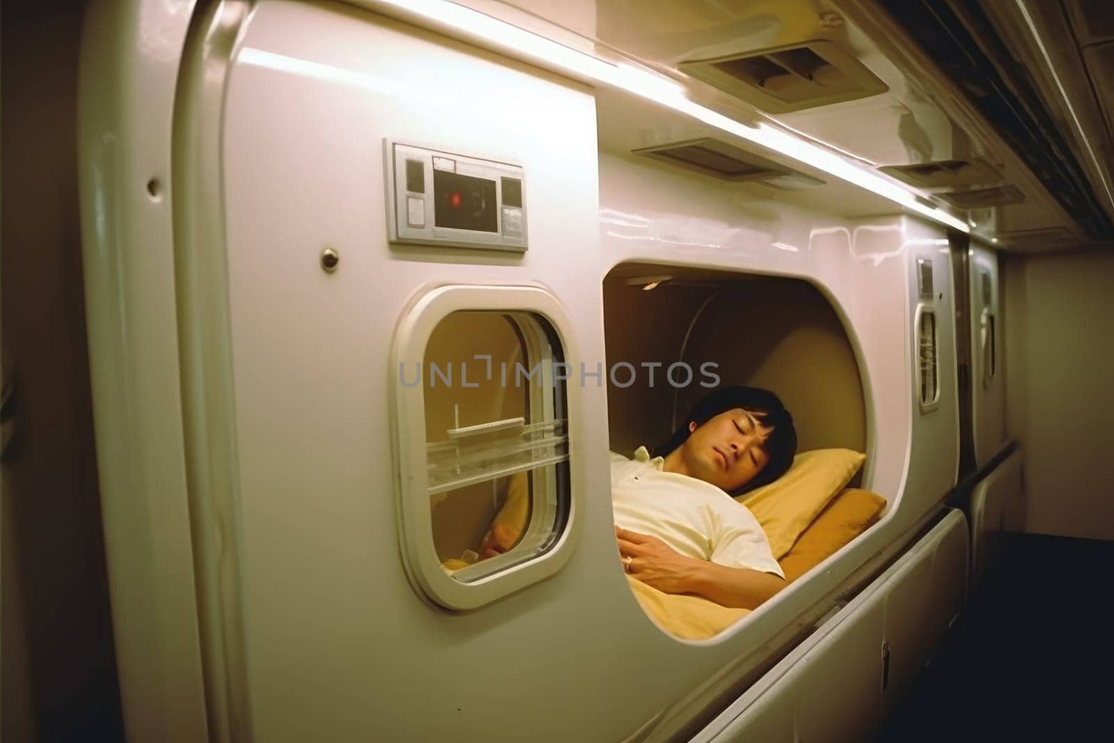 Tired asian man having rest in capsule hotel. AI Generated