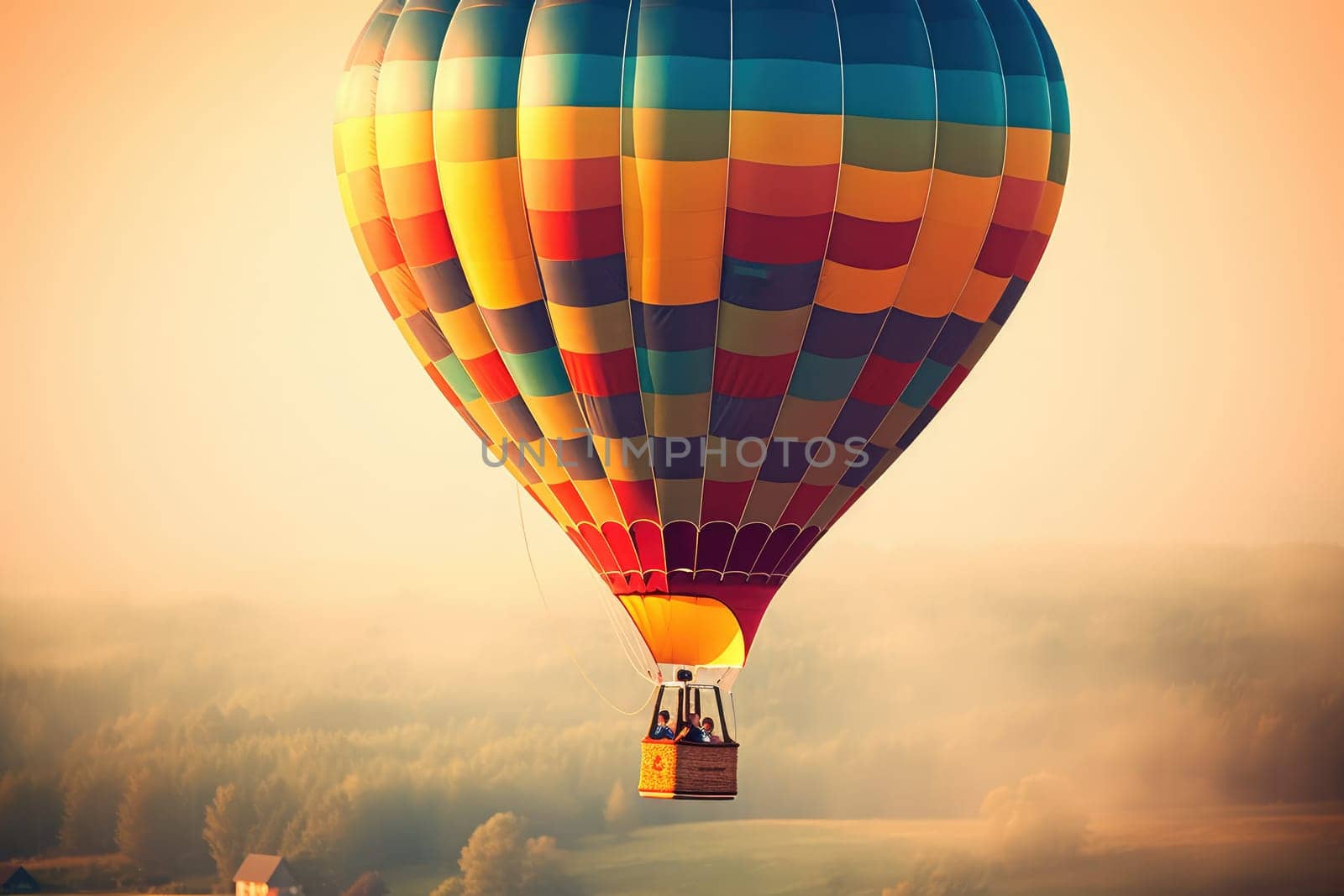 Colorful Hot Air Balloon with unrecognizable people in Flight, AI Generated