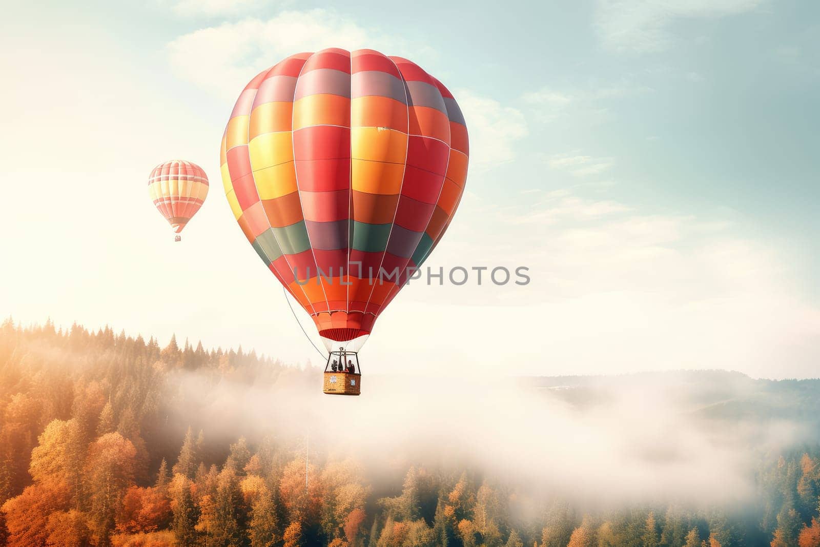 Colorful Hot Air Balloon with unrecognizable people in Flight, AI Generated