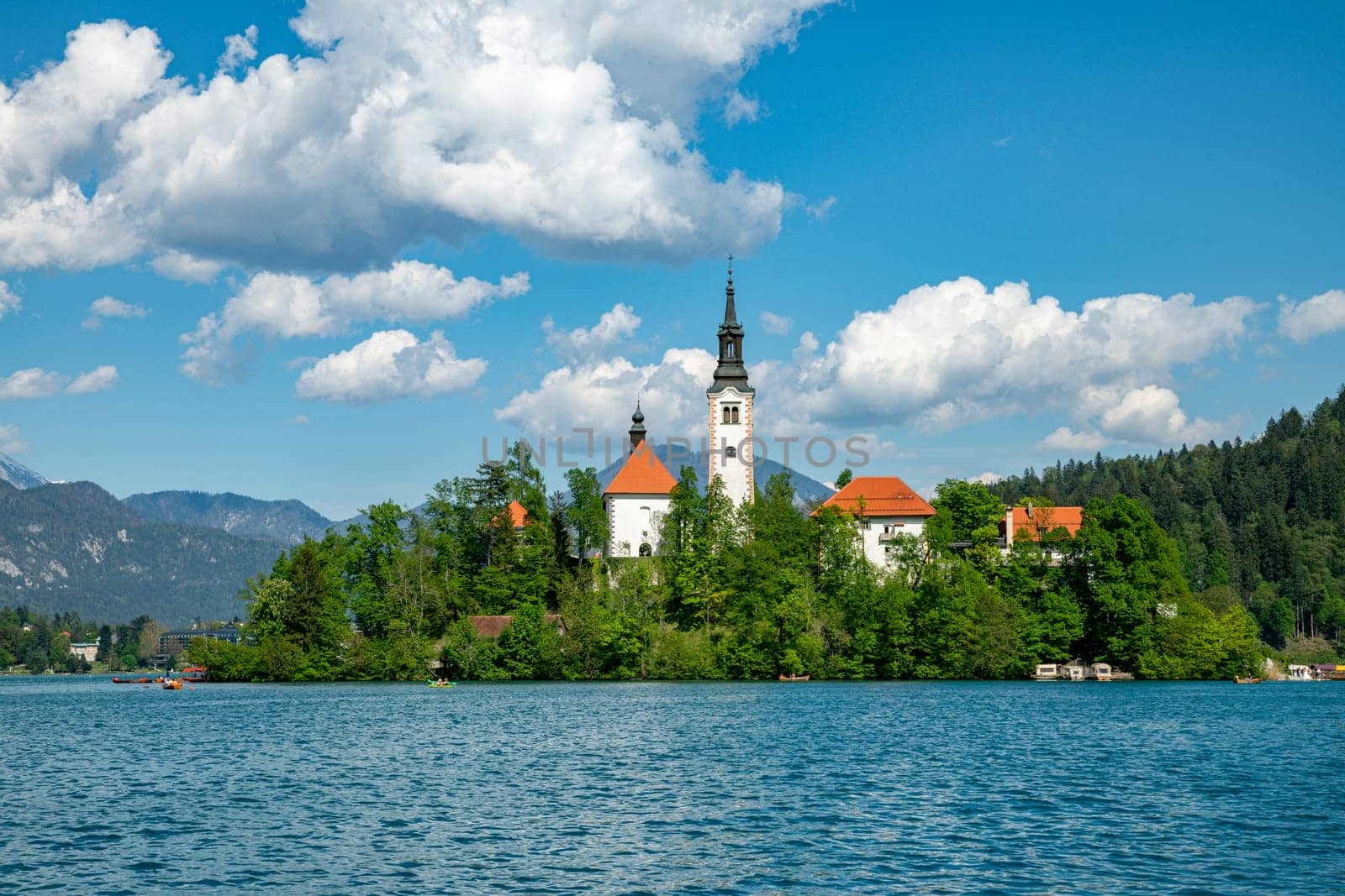 Bled, Slovenia. Amazing Bled Lake, island and church with Julian Alps mountain range background, Europe spotlight.