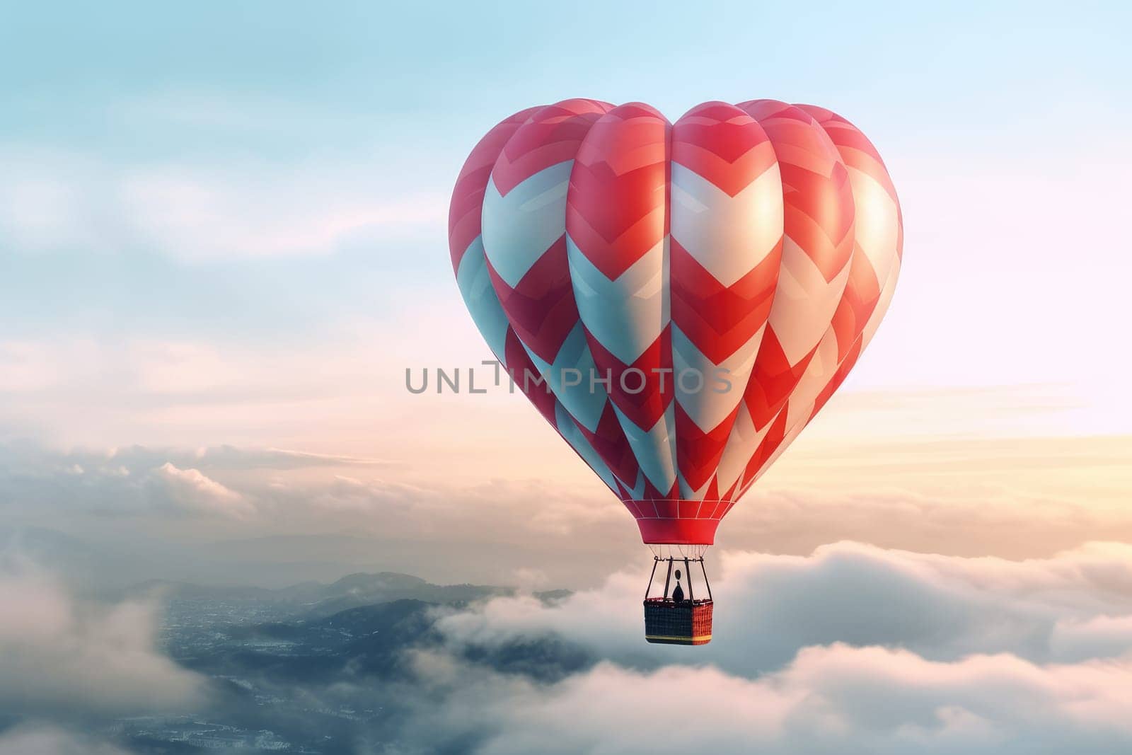 heart shaped Hot Air Balloon with unrecognizable people in Flight, AI Generated