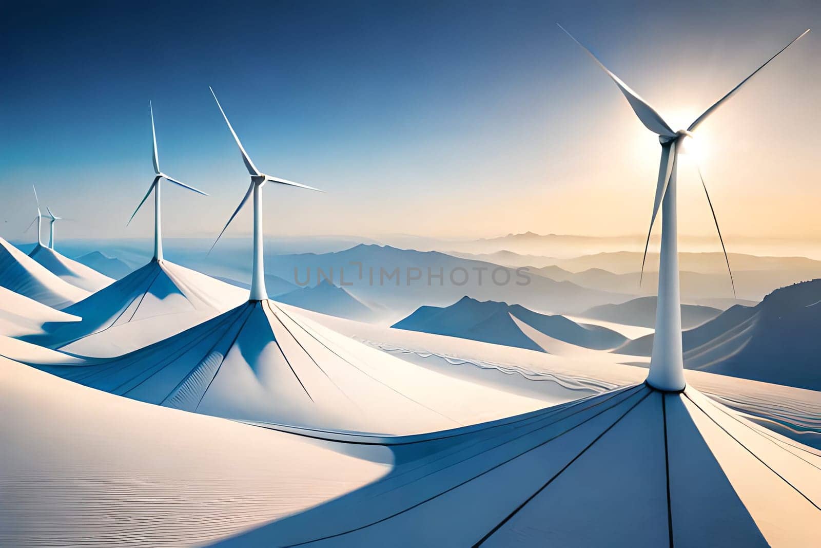 Panoramic view of wind farm or wind park, with high wind turbines for generation electricity with copy space. Green energy concept. Generative AI