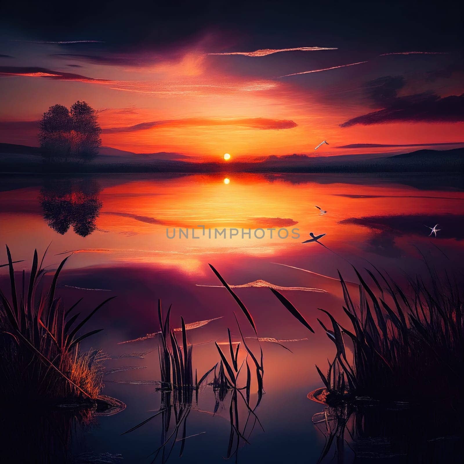 AI Generative Dreamlike scene of beautiful sunset over a peaceful lake