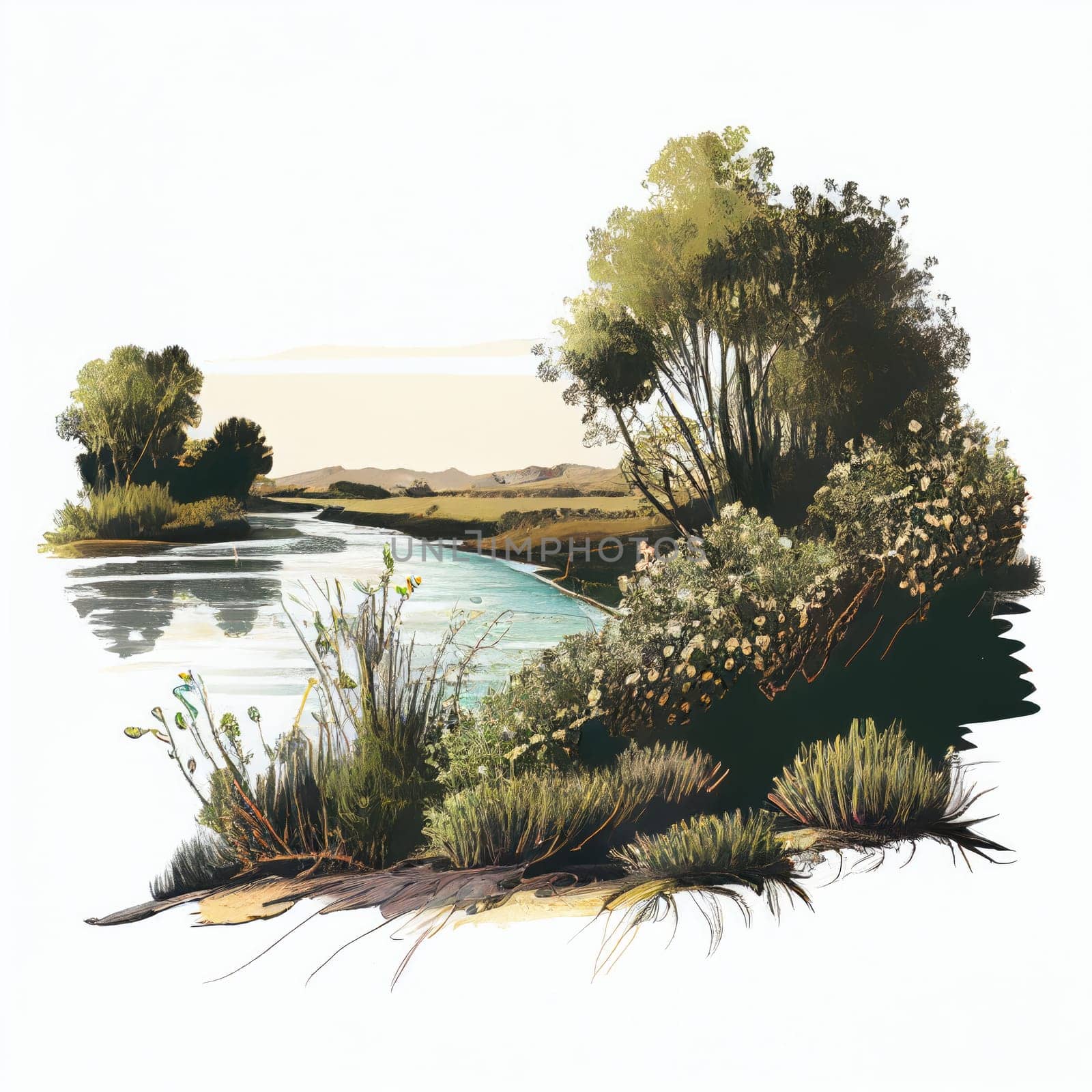 AI generative illustration of a meadow with a river. Beautiful nature tranquil scene.