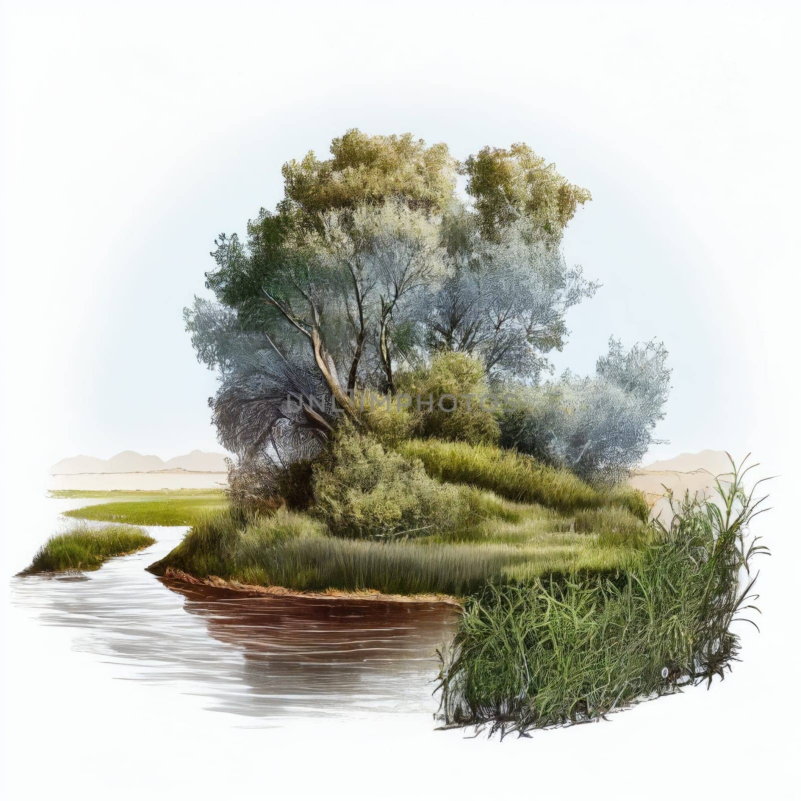 AI generative illustration of a meadow with a river. Beautiful nature tranquil scene.