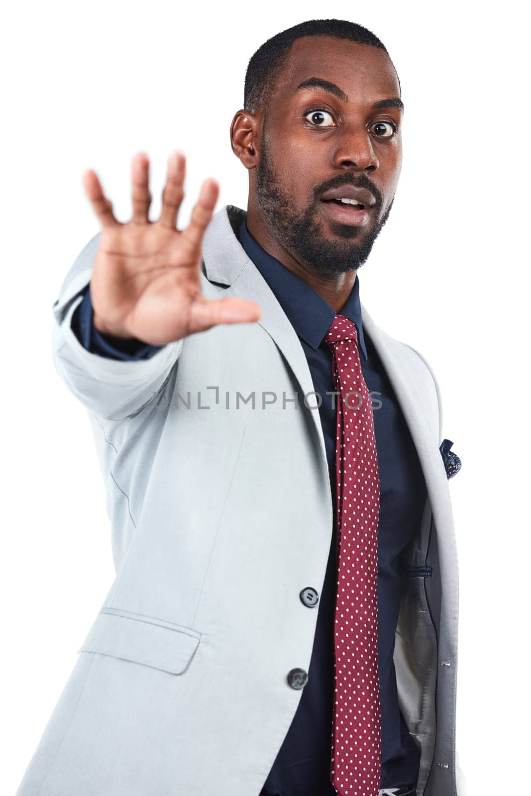 Ceo, portrait and black man with stop hand for warning, problem or protection sign of people. Corporate person with anxiety, stress and worry expression at isolated studio white background by YuriArcurs