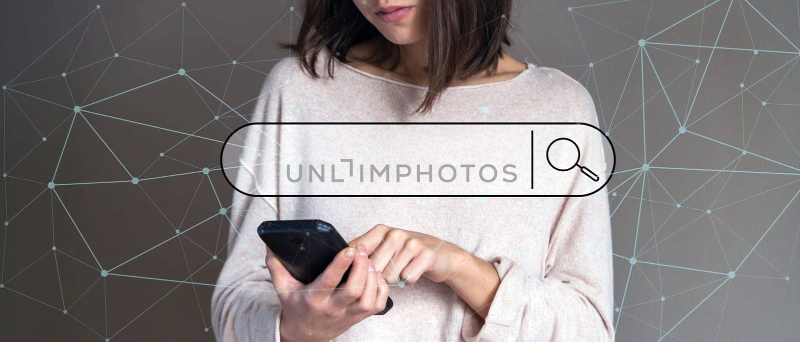 A young girl uses a search line in a browser on her phone online, a woman is looking for information, is engaged in project work, her hands are holding a mobile phone and icons are drawn over them.