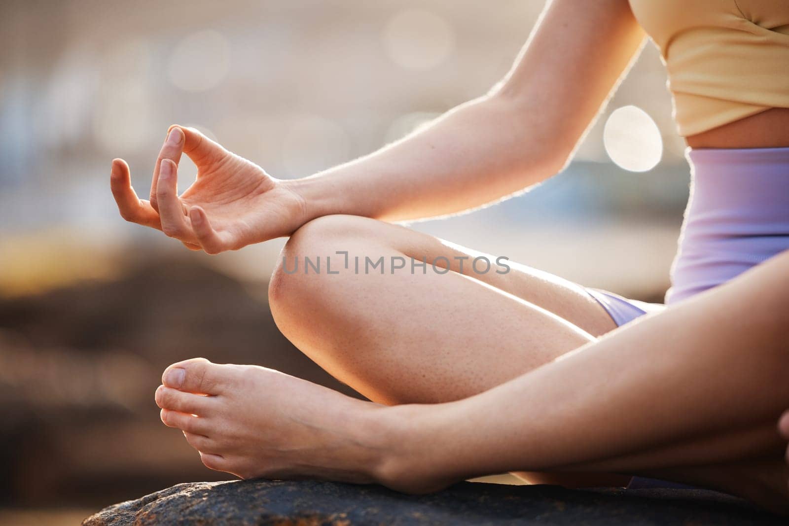 Woman, hands and yoga in meditation for wellness, exercise or workout for healthy wellbeing in the outdoors. Female hand in fitness, spiritual training and meditating for mind, body and awareness.
