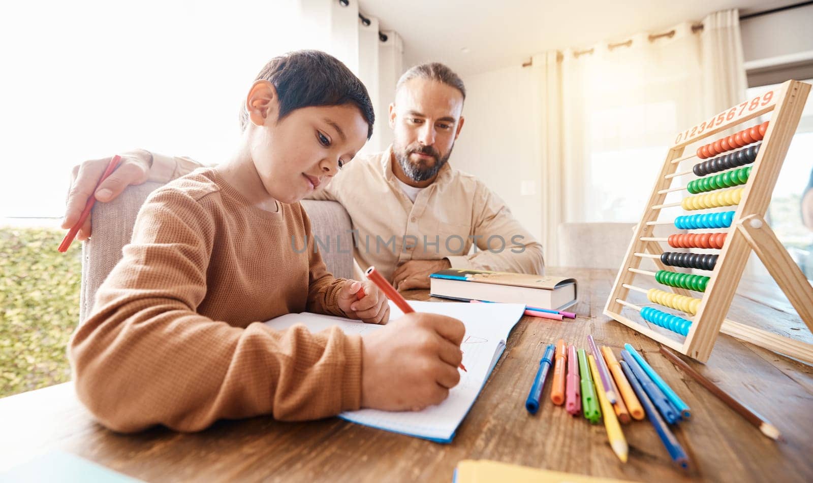 Learning, math education and father with child in home with book for studying, homework or homeschool. Development, growth and boy or kid with man teaching him how to count, numbers and writing