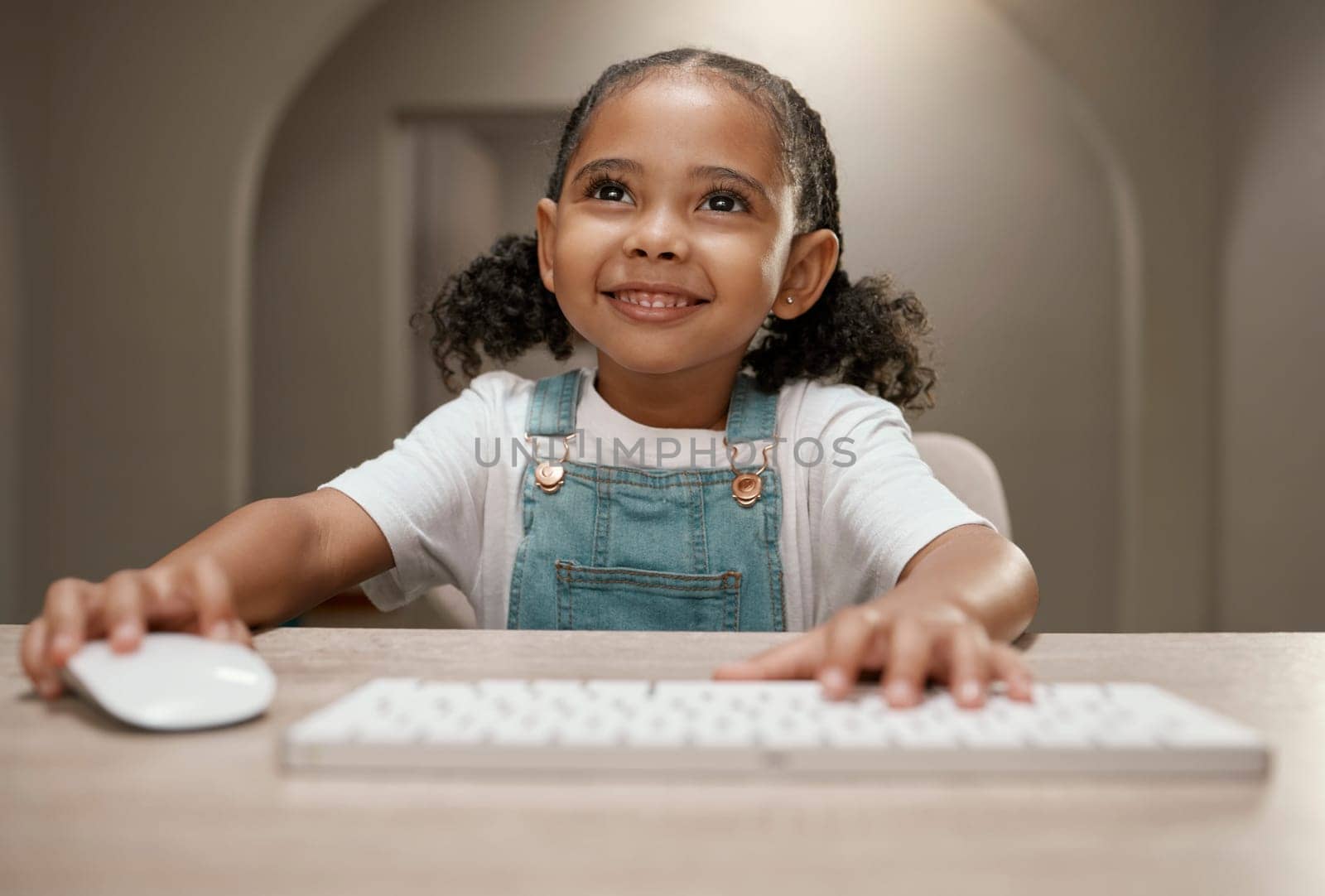 Online education, elearning and girl on computer with a smile ready for digital knowledge. Web learning, kindergarten development and kid on online course training and learning on the internet.